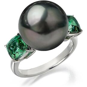 خاتم اللؤلؤ الأسود التاهيتي للنساء مع الحجارة الجانبية الزمردية ، AAA جودة Nature Disticle Nature 12mm Bear Pearl Compling Rings for Women ، Size 5-9