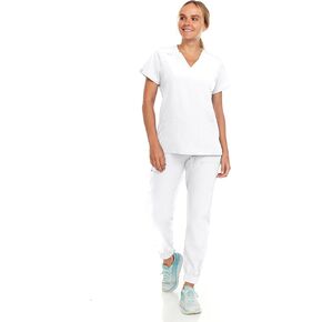 مرحبًا مجموعة Womens Stretch V-Neck Jogger Scrubs ، قمم التمريض الطبية مع أربع سراويل جيب