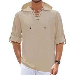 Mens Linen Shirts Long Roll-Up Sleeve Lace Up Summer Beach Top Hippie Renaissance Pirate Costume Tunic with Hood