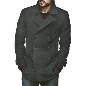 Bbalizko Mens Classic Pea Coat Notched Collar Double Breasted Slim Fit Winter Warm Heavyweight Trench Coats