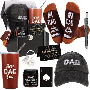 Kolewo4ever 9 Pieces Dad Gift Set Best Dad Gifts for Father, Men with Tumbler Mens Socks Mens Baseball Cap Key Chain Card for Men Father Papa Gifts from Son Daughter Kids (Black)