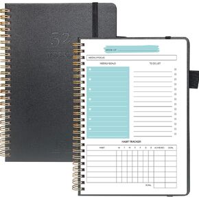 مخطط أسبوعي غير مؤرخ ، 52 أسبوعًا ، مخطط جدول الأهداف ، و Owlpages Grardcover Notebook لإجراء قائمة محافظات دفتر من منظمي Gital Tracker Journal Planner ، وربط الحلزوني ، وجيب ، حلقة القلم ، الفيروز