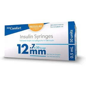 U-100 Insulin Syringes 30G x 1/2" 1/2cc (12.7 mm), Quality Disposable Syringes for Diabetes Care, Box of 100