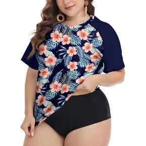 FOREYOND Plus Size Rash Guard Shirts for Women Short Sleeve UPF 50+ Sun Protection Swimwear Swim Suits Top