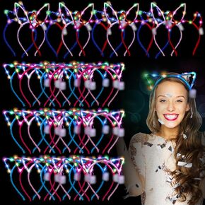 Xinnun 64 Pieces Light up Cat Ears Headband LED Bunny Glow in Dark Cat Ears Hairband Party Supplies for Women Adult Costume
