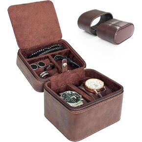 2 Watch Travel Case for Men- PU Leather & Suede Lined Portable Protection, Compact Jewelry Organizer for Wristwatches, Rings, Cufflinks (Brown)