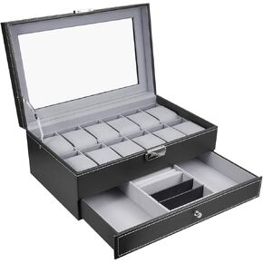 Leather Watch Box 12 Mens Watch Organizer with Jewelry Display Drawer Lockable Watch Case Organizer, Black