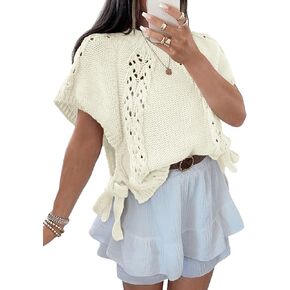 Saodimallsu Womens Summer Short Sleeve Sweater Side Tie Cropped Casual Crewneck Crochet Loose Knit Pullover Tops