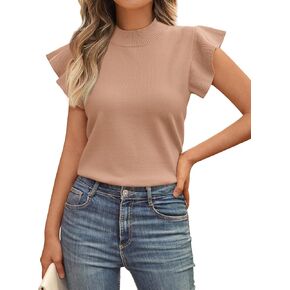 LILLUSORY Womens Ruffled Short Sleeve Sweater Round Neck Knitted Soft Lightweight Pullovers Tops