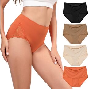 INNERSY Women's High Waisted Lace Underwear Full Coverage Silky Nylon Briefs Panties 4-Pack
