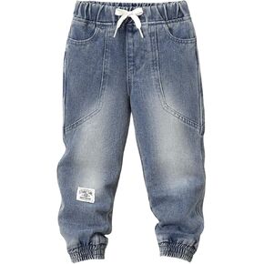 GORGLITTER Boy's Denim Jeans Pants Elastic Waist Letter Patched Jogger Pant with Pockets