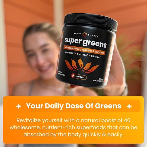 NutraChamps Super Greens Powder Premium Superfood | 20+ Organic Green Veggie Whole Foods | Wheat Grass, Spirulina, Chlorella | Antioxidant, Digestive Enzyme & Probiotic Blends (9.0 OZ, Mango) in Saudi Arabia