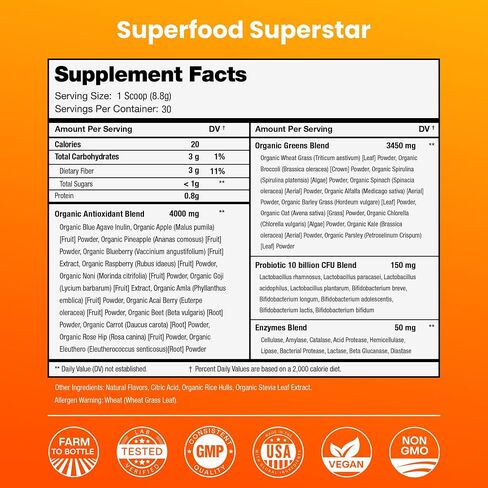NutraChamps Super Greens Powder Premium Superfood | 20+ Organic Green Veggie Whole Foods | Wheat Grass, Spirulina, Chlorella | Antioxidant, Digestive Enzyme & Probiotic Blends (9.0 OZ, Mango) in Saudi Arabia