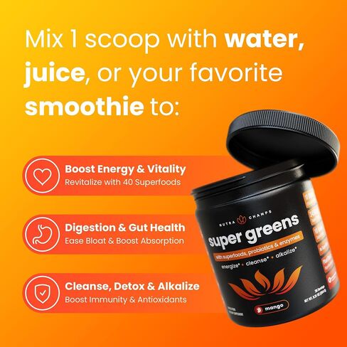 NutraChamps Super Greens Powder Premium Superfood | 20+ Organic Green Veggie Whole Foods | Wheat Grass, Spirulina, Chlorella | Antioxidant, Digestive Enzyme & Probiotic Blends (9.0 OZ, Mango) in Saudi Arabia