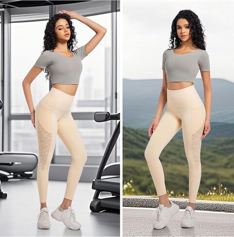Yoga Pants for Women - High-Waist Lace Leggings Breathable Moisture-Wicking with Pockets,Perfect for Yoga Running in Saudi Arabia