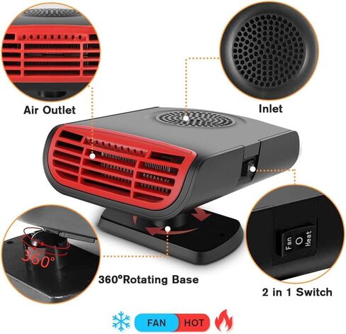 12V Dual-Mode Car Heater & Defogger, 150W Rapid Windshield Defroster & Cooler - Compact Design for Easy Cigarette Lighter Connection, Auto Defogger 360° Rotatable Heater Suitable for Cars in Saudi Arabia
