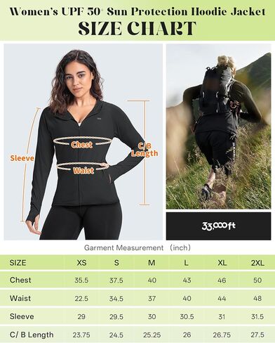 33,000ft Women's UPF 50+ Sun Protection Jacket UV Long Sleeve Hoodie Jacket Lightweight Zip up Sun Shirt for Hiking Running in Kuwait