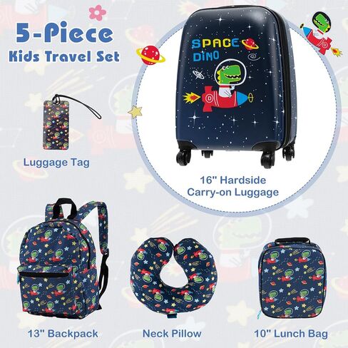 HONEY JOY Kids Luggage Set, 16 Inch Rocket Toddler Luggage, Neck Pillow, Airplane Approved, 5 Piece Spinner Travel Luggage for Boys Girls (Rocket) in Kuwait