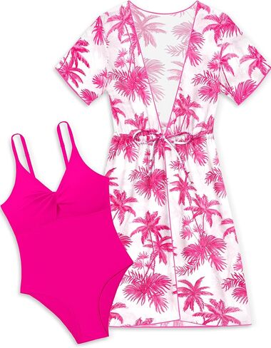 KANGKANG Girls Swimsuit, Solid Color Girl One Piece Swimsuits with Tropical Print Drawstring Cover Up Bathing Suits Set 9-16Y in Saudi Arabia
