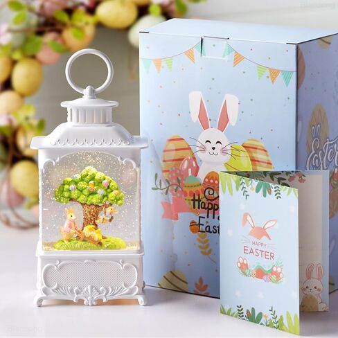 Easter Snow Globe Bunny Snow Globe Lantern with Timer, USB and Battery Powered Easter Decorations for Home Bunny Family 10.2 inch in Kuwait