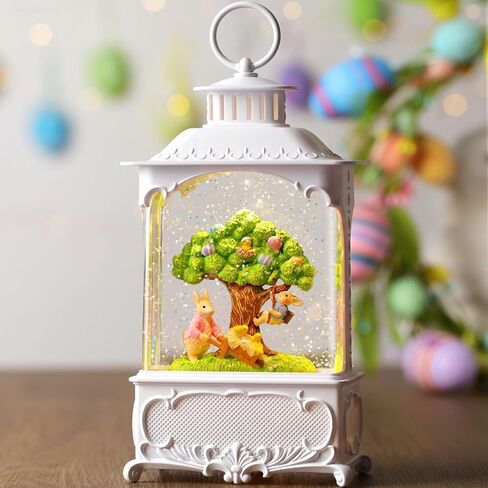 Easter Snow Globe Bunny Snow Globe Lantern with Timer, USB and Battery Powered Easter Decorations for Home Bunny Family 10.2 inch in Kuwait
