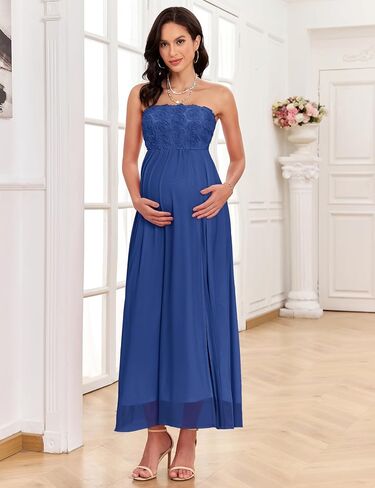3D Floral Mesh Split Strapless Maternity Dress Tube A-Line Pregnancy Dresses Baby Shower Photoshoot in Kuwait