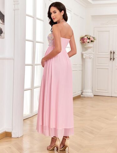 3D Floral Mesh Split Strapless Maternity Dress Tube A-Line Pregnancy Dresses Baby Shower Photoshoot in Kuwait