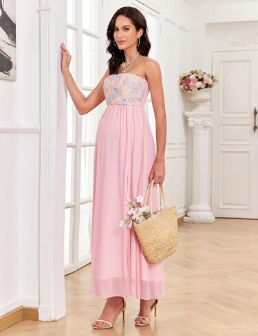 3D Floral Mesh Split Strapless Maternity Dress Tube A-Line Pregnancy Dresses Baby Shower Photoshoot in Kuwait