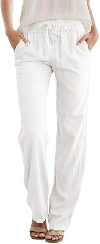 Womens High Waist Summer Casual Pants Drawstring Straight Leg Beach Vacation Lounge Pocket Linen Trousers in Saudi Arabia