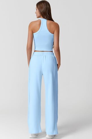 QINSEN Women's 2 Piece Sets Summer Ribbed Knit Crop Tank Tops Wide Leg Pants Sleeveless Tracksuit in Kuwait