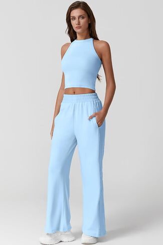 QINSEN Women's 2 Piece Sets Summer Ribbed Knit Crop Tank Tops Wide Leg Pants Sleeveless Tracksuit in Kuwait