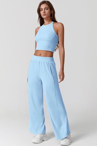 QINSEN Women's 2 Piece Sets Summer Ribbed Knit Crop Tank Tops Wide Leg Pants Sleeveless Tracksuit in Kuwait