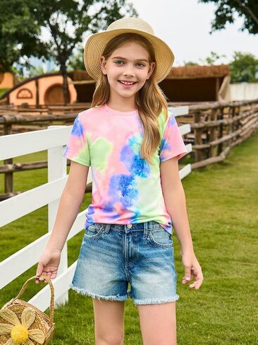 Haloumoning Girls Tie Dye Short Sleeve Shirt Kids Summer Fashion Crewneck Tops Casual Tees 5-14 Years in Saudi Arabia