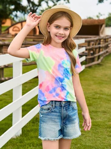 Haloumoning Girls Tie Dye Short Sleeve Shirt Kids Summer Fashion Crewneck Tops Casual Tees 5-14 Years in Saudi Arabia