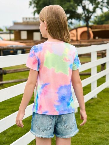 Haloumoning Girls Tie Dye Short Sleeve Shirt Kids Summer Fashion Crewneck Tops Casual Tees 5-14 Years in Saudi Arabia