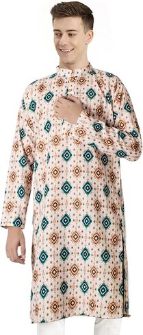 Chandrakala Slim Fit Printed Kurta for Men Cotton Long Sleeve Straight Tunic (MK114-P) in Saudi Arabia