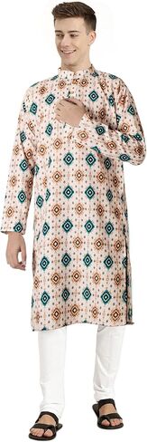 Chandrakala Slim Fit Printed Kurta for Men Cotton Long Sleeve Straight Tunic (MK114-P) in Saudi Arabia
