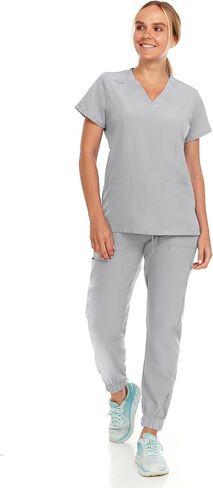 مرحبًا مجموعة Womens Stretch V-Neck Jogger Scrubs ، قمم التمريض الطبية مع أربع سراويل جيب in Kuwait