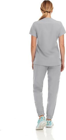 مرحبًا مجموعة Womens Stretch V-Neck Jogger Scrubs ، قمم التمريض الطبية مع أربع سراويل جيب in Kuwait