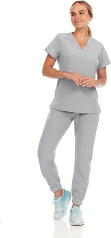 مرحبًا مجموعة Womens Stretch V-Neck Jogger Scrubs ، قمم التمريض الطبية مع أربع سراويل جيب in Kuwait