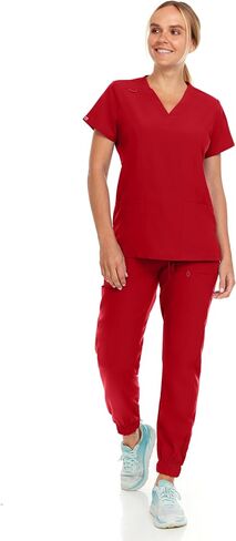 مرحبًا مجموعة Womens Stretch V-Neck Jogger Scrubs ، قمم التمريض الطبية مع أربع سراويل جيب in Kuwait