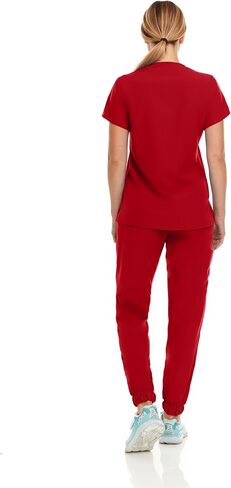 مرحبًا مجموعة Womens Stretch V-Neck Jogger Scrubs ، قمم التمريض الطبية مع أربع سراويل جيب in Kuwait