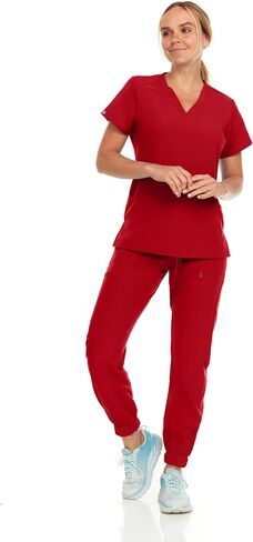 مرحبًا مجموعة Womens Stretch V-Neck Jogger Scrubs ، قمم التمريض الطبية مع أربع سراويل جيب in Kuwait