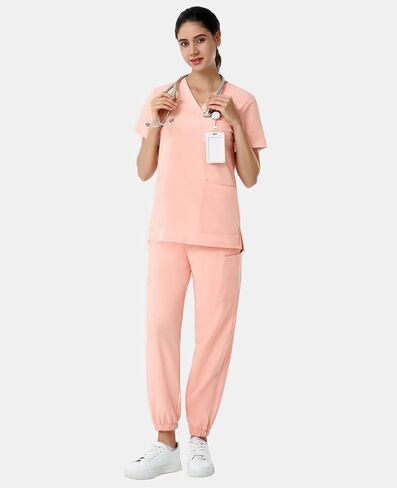 Scrubs for Women Set, V-Neck Scrubs Top & Jogger Pants Medical Scrubs Set with 8 Pockets, Yoga Waistband in Saudi Arabia