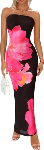 PRETTYGARDEN Women Summer Strapless Maxi Dress Bodycon Floral Sexy Long Wedding Guest Dress Formal Tube Mesh Cocktail Dresses in Saudi Arabia