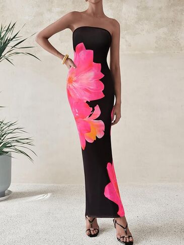 PRETTYGARDEN Women Summer Strapless Maxi Dress Bodycon Floral Sexy Long Wedding Guest Dress Formal Tube Mesh Cocktail Dresses in Saudi Arabia