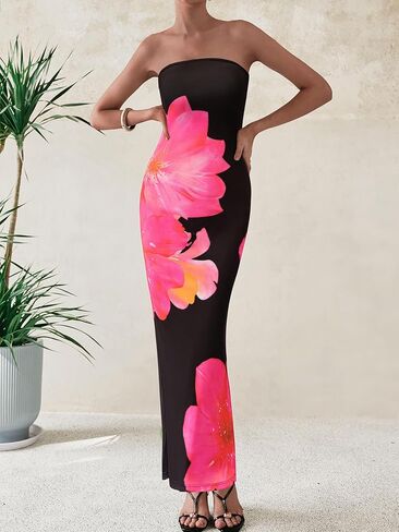 PRETTYGARDEN Women Summer Strapless Maxi Dress Bodycon Floral Sexy Long Wedding Guest Dress Formal Tube Mesh Cocktail Dresses in Saudi Arabia