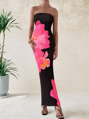 PRETTYGARDEN Women Summer Strapless Maxi Dress Bodycon Floral Sexy Long Wedding Guest Dress Formal Tube Mesh Cocktail Dresses in Saudi Arabia