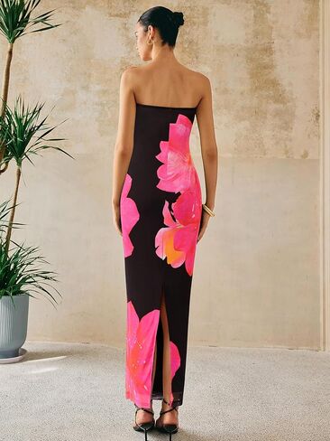 PRETTYGARDEN Women Summer Strapless Maxi Dress Bodycon Floral Sexy Long Wedding Guest Dress Formal Tube Mesh Cocktail Dresses in Saudi Arabia