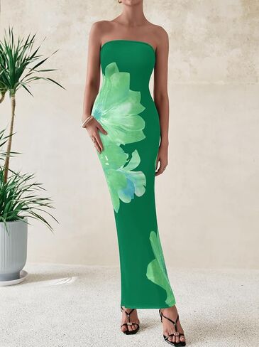 PRETTYGARDEN Women Summer Strapless Maxi Dress Bodycon Floral Sexy Long Wedding Guest Dress Formal Tube Mesh Cocktail Dresses in Saudi Arabia